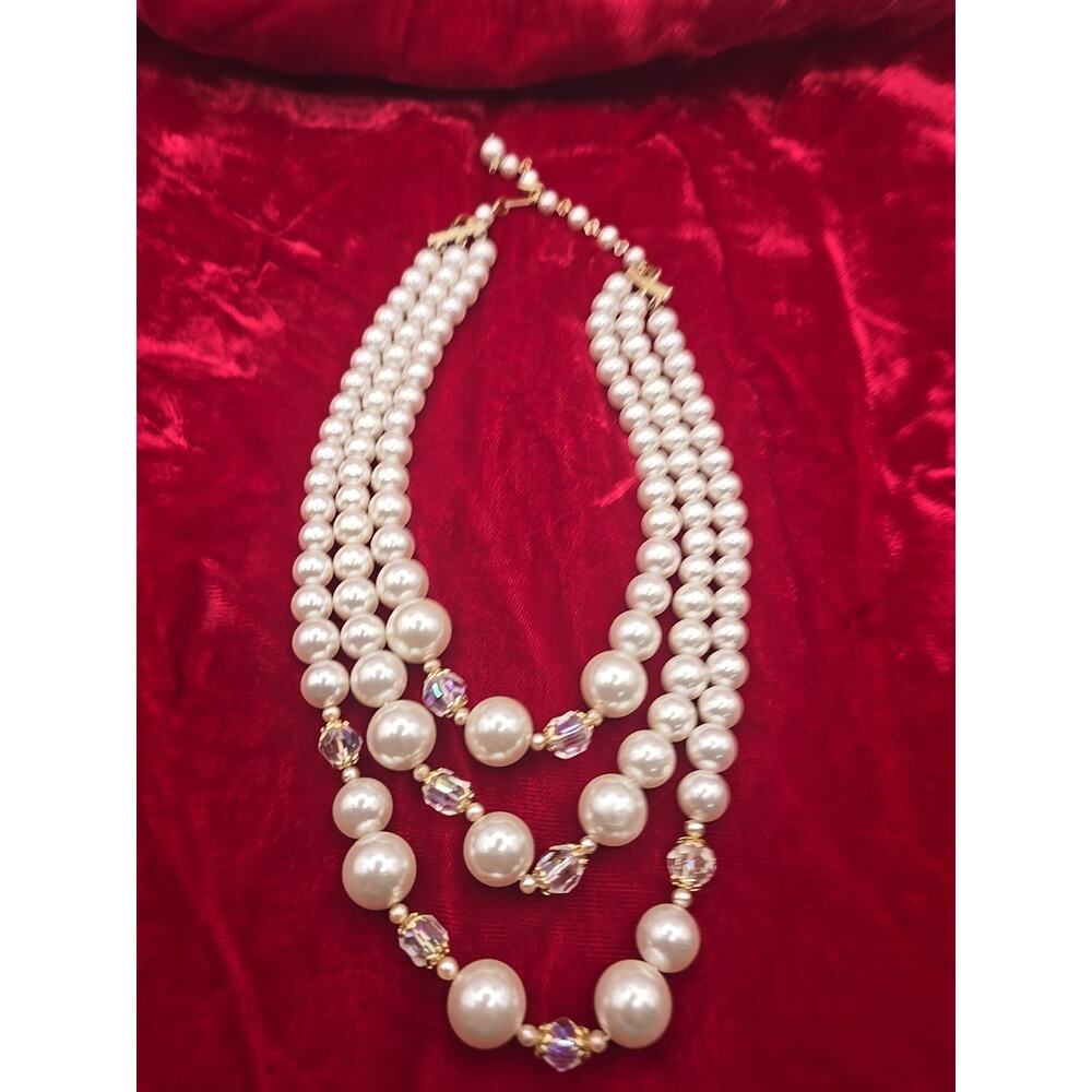 Vtg. Japan White Pearl & AB Bead Three-Strand Necklace